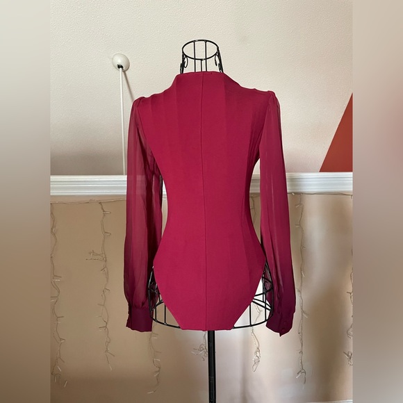Burgundy Sheer Sleeve V Neck Bodysuit - Picture 2 of 2